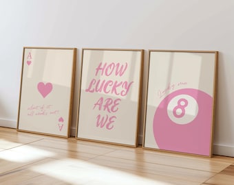 Juego de 3 impresiones de arte mural rosa "Qué suerte tenemos", carta de as y bola 8 (descarga digital)