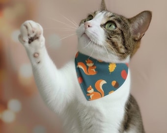 Blauwgroene biologisch katoenen kattenbandana: handgemaakte boseekhoorn halsband