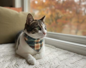 Kattenbandana van biologisch katoen: rode geruite sjaal voor huisdierenkraag