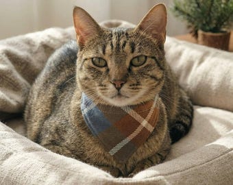 Bruine en blauwe geruite biologisch katoenen kattenbandana: accessoire voor kleine huisdieren over de kraag