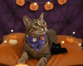 Kleine biologisch katoenen halloween kattenbandana: pompoen over de kraag huisdierdassen