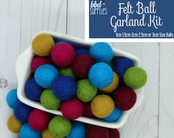 Wool Felt Balls Garland Kit | Woodland Holiday | You choose size | 60 Felt Pom Poms | Felt Beads | DIY