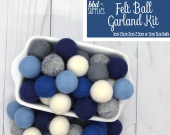 Wool Felt Balls Garland Kit | Blue Moon | You choose size |  Hanukkah Colors | 60 Felt Pom Poms | Felt Beads | DIY