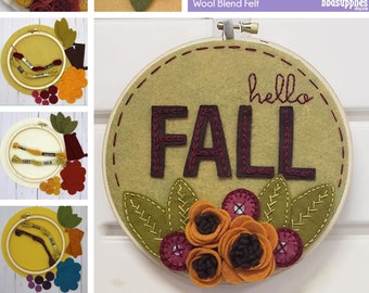 Wool Blend Felt Flowers | DIY Fall Felt and Embroidery Hoop Kit | Makes 1 Hoop | 3 Different Varieties