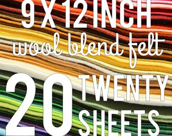 Felt by the Sheet | 9" x 12" | TWENTY (20) Sheets of Wool Blend Felt | You Choose Colors | DIY