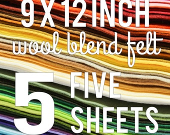 Felt by the Sheet | 9" x 12" | FIVE (5) Sheets of Wool Blend Felt | You Choose Colors | DIY