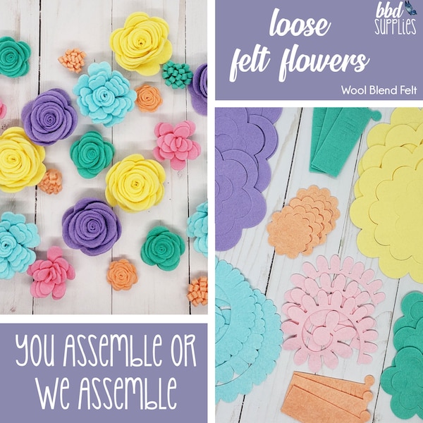 Loose Felt Flowers | Rose Flower Collection | Hippie Chick | DIY or We Assemble for you | Makes 24 Wool Blend Felt Flowers  | Tutorial