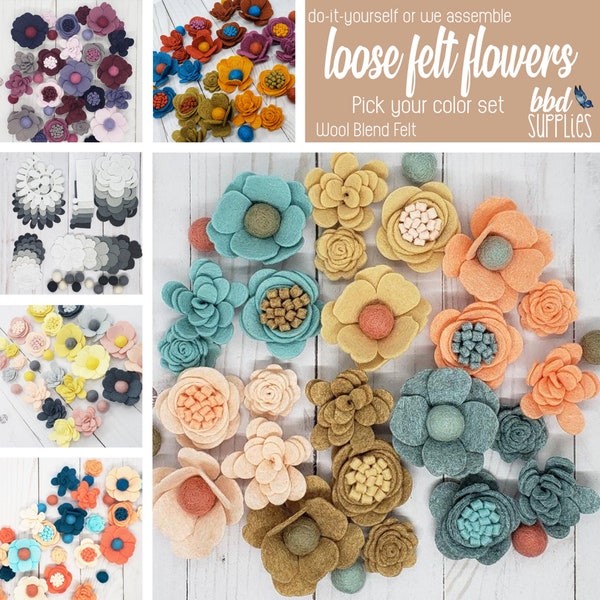 Loose Felt Flowers | Lydia Flower Collection | Pick your Color Set | DIY or We Assemble | Makes 24 Wool Blend Felt Flowers | Tutorial