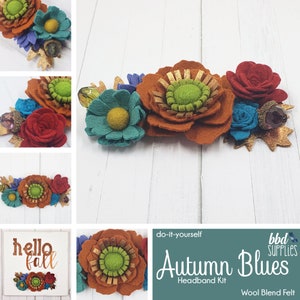 Wool Blend Felt Flowers | Felt Flower Headband Kit | Autumn Blues | Makes 1 Floral Crown | DIY