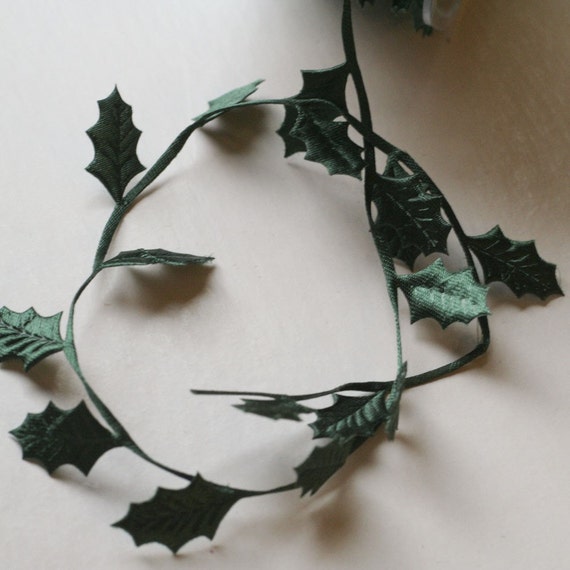 Holly Leaves Ribbon in dark green wind along printed on 7/8 willow green  single face satin