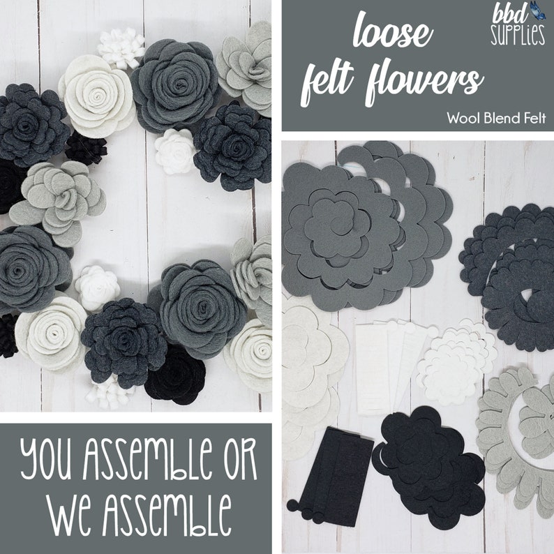 DIY or We Assemble for you Tutorial Makes 24 Wool Blend Felt Flowers Loose Felt Flowers Stormy Weather Rose Flower Collection