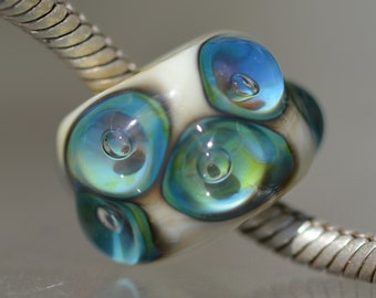 Coring Available - Unique Handmade Lampwork Glass European Charm Bead with Reactive Silver Glass - SRA - Fits all charm bracelets