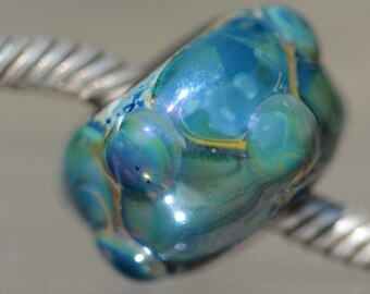 Unique Handmade Lampwork Glass European Charm Bead with Reactive Silver Glass Decoration - SRA - Fits all charm bracelets