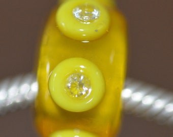 Coring Available - Unique Yellow Handmade Lampwork Glass European Charm Bead with Cubic Zirconia- SRA - Fits all charm bracelets