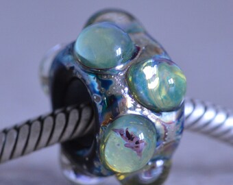 Unique Handmade Lampwork Glass European Charm Bead with Reactive Silver Glass Decoration - SRA - Fits all charm bracelets