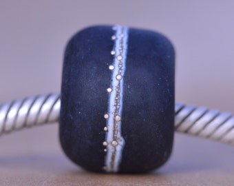 Coring Available - Unique Black Handmade Lampwork Glass Charm Bead with Pure Silver Decoration - SRA - fits all charm bracelets