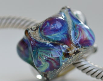 Unique Handmade Lampwork Glass European Charm Bead with Reactive Silver Glass Decoration - SRA - Fits all charm bracelets