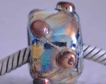 Unique Handmade Lampwork Glass European Charm Bead with Reactive Silver Glass Decoration - SRA - Fits all charm bracelets