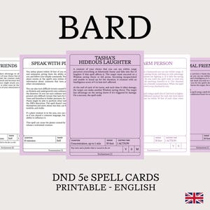 Peut inclure: Un ensemble de cartes de sorts imprimables D&D 5e pour la classe de Barde. Les cartes sont roses avec du texte blanc et présentent les noms des sorts : Amis, Parler aux plantes, Le rire hideux de Tasha, Charmer une personne et Amitié animale.