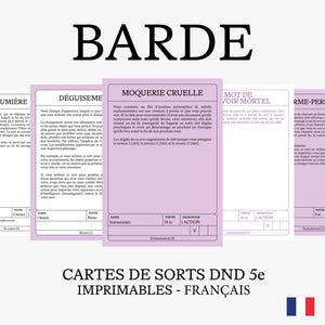 Cartes de sorts DnD 5e en Français | BARDE | Accessoires D&D et Jeux de Rôle | PDF Téléchargeable et Imprimable | Plusieurs couleurs