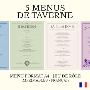 5 Menus de Tavernes Uniques | En Français | Maître du jeu | Accessoires D&D et Jeux de Rôle | PDF Téléchargeable et Imprimable