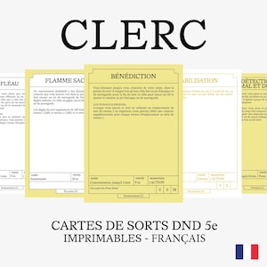 DnD 5e Spell Cards in French | CLERIC | D&D and Role Playing Game Accessories | Downloadable and Printable PDF | Multiple Colors