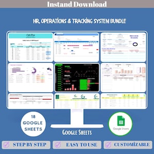 Puede incluir: Un paquete digital de sistema de seguimiento de RRHH y operaciones, que se muestra en un monitor de ordenador. La imagen incluye el texto "Descarga instantánea", "Paquete de sistema de seguimiento de RRHH y operaciones", "18 hojas de cálculo de Google" y "Google Sheets".