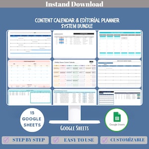 Paquete de sistema de planificación editorial y calendario de contenido con Google Sheets, plantilla de planificación de contenido y calendario de redes sociales.