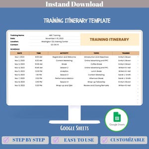 Training Itinerary Google Sheets Course Schedule Workshop Agenda Session Planner Training Program Organizer Template