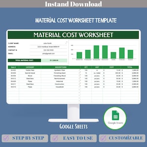 Werkblad materiaalkosten Google Spreadsheets-sjabloon, bewerkbare constructie- of productiebenodigdheden Spreadsheet budgettracker