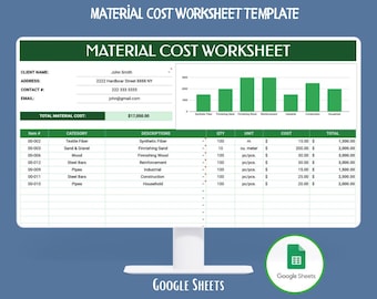 Material Cost Worksheet Google Sheets Template, Editable Construction Or Production Supplies Budget Tracker Spreadsheet