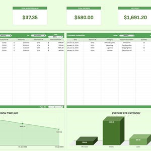 May include: A green and white spreadsheet with charts and graphs showing financial data for a business. The spreadsheet includes a calendar for 2024, a profit analysis chart, a commission timeline graph, and a bar chart showing expenses per category. The spreadsheet also includes a table with data on sales and expenses.