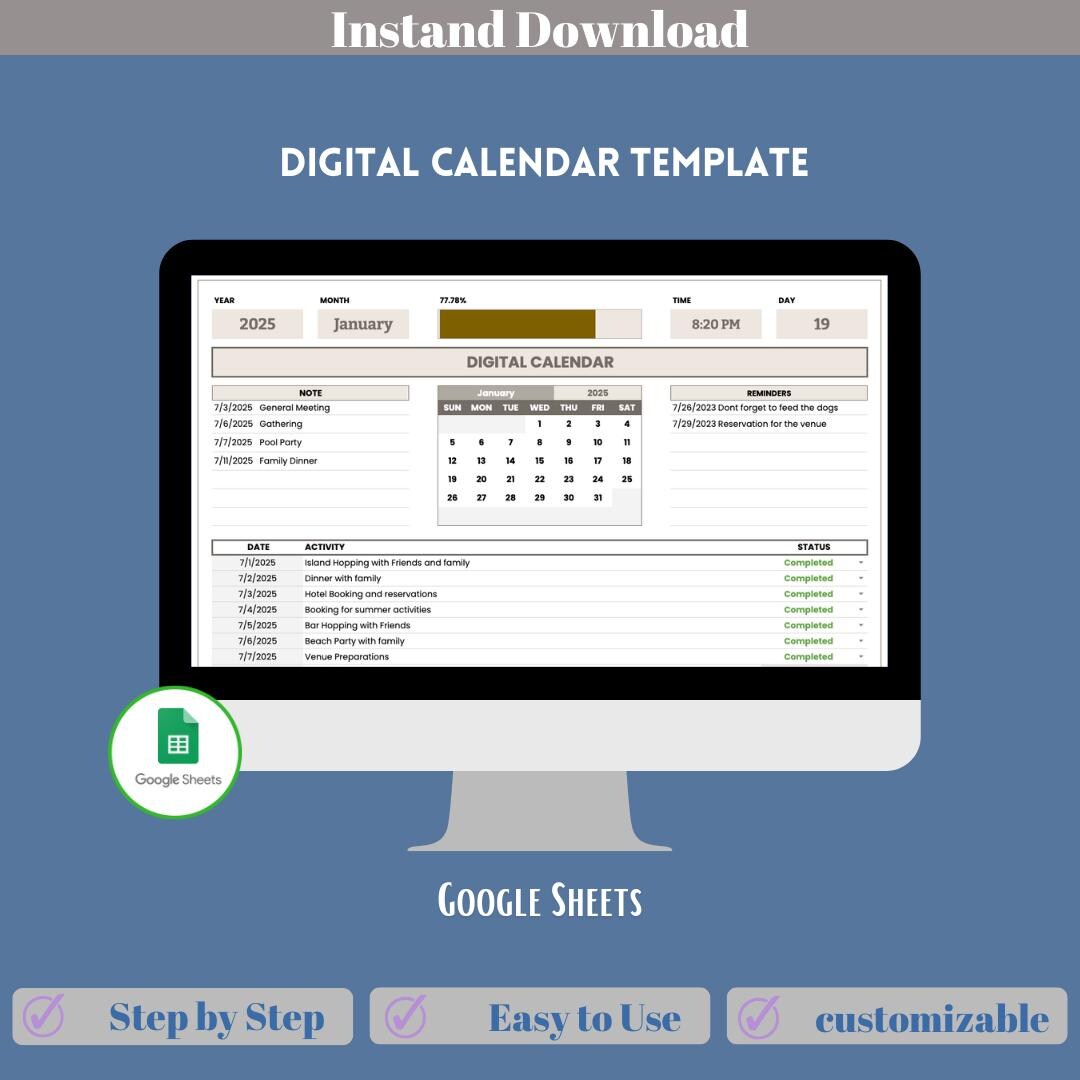 Digital Calendar Template, Online Planner, Monthly Schedule Organizer