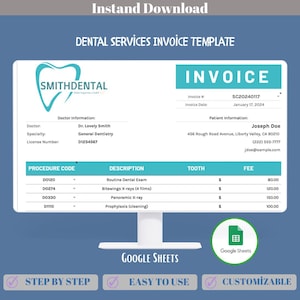 Dental Services Invoice Template Google Sheets, Editable Patient Billing Sheet, Dental Clinic Receipt, Treatment Cost Tracker Log