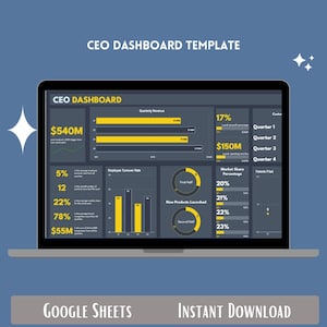 May include: A laptop screen displaying a CEO dashboard template with charts and graphs showing financial data, including revenue, costs, market share, and employee turnover. The dashboard is designed in a dark gray color scheme with yellow accents. The text on the screen reads "CEO Dashboard Template", "CEO Dashboard", "Quarterly Revenue", "Costs", "$540M", "$150M", "Employee Turnover Rate", "Market Share Percentage", "Patents Filed", "New Products Launched", "First Half", "Second Half", "Google Sheets", and "Instant Download".