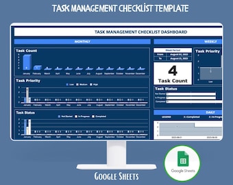 Task Management Checklist Google Sheets Template For Daily Task Tracking, Workflow Control, Productivity Planning And Team Organization