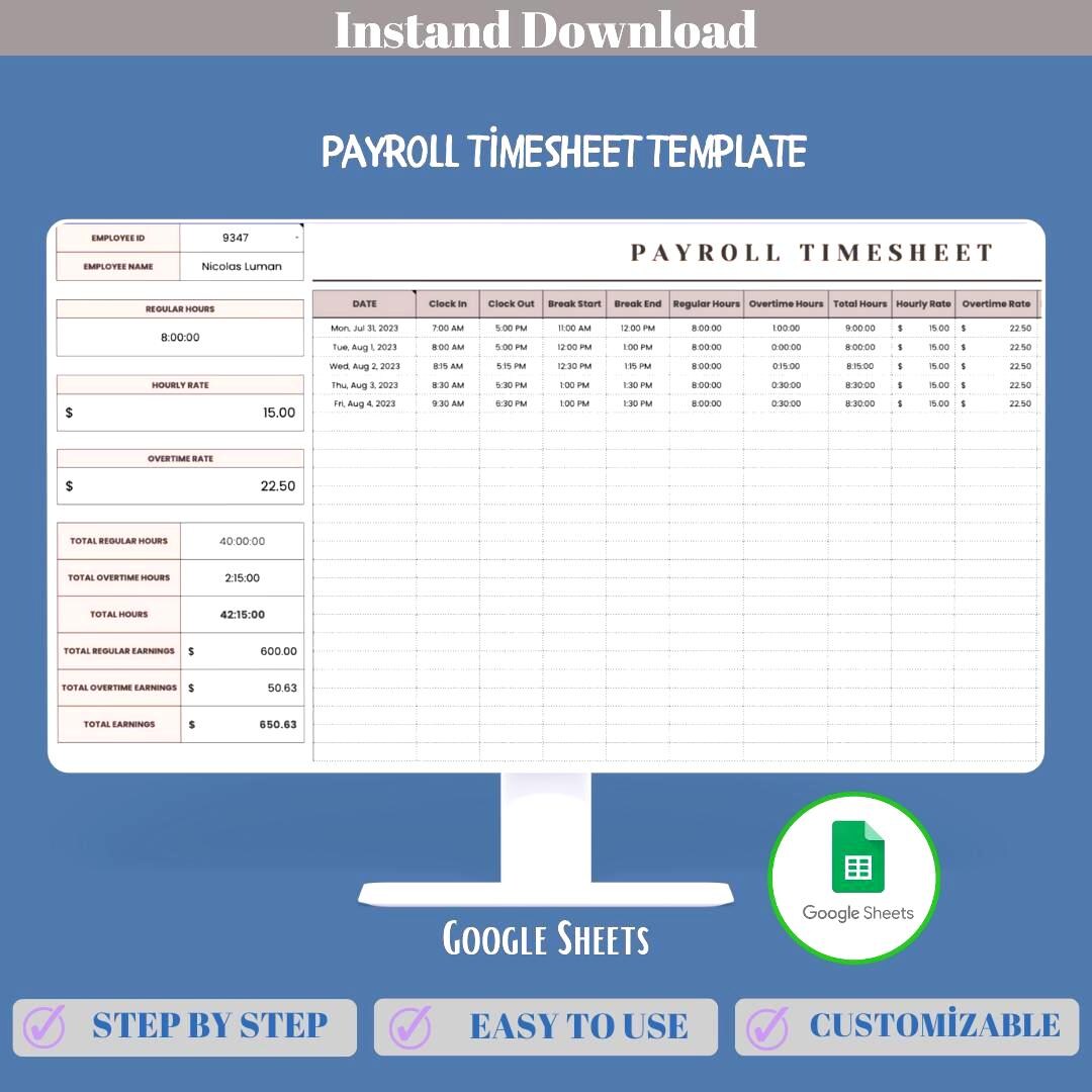 Payroll Timesheet Google Sheets Template Employee Work Hours Tracker ...