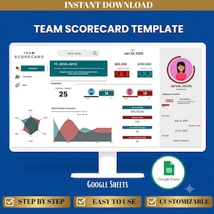 Cuadro de mando de equipo, Hojas de cálculo de Google, Seguimiento del rendimiento de los empleados, Panel de control de KPI, Plantilla de evaluación de equipos
