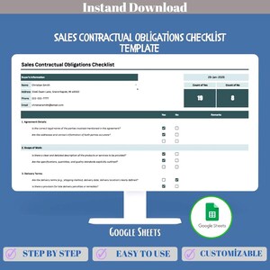 May include: A digital Sales Contractual Obligations Checklist template for Google Sheets. The document features sections for buyer information, agreement details, scope of work, and delivery terms with checkboxes, count totals, and a date of 29-Jan-2025.