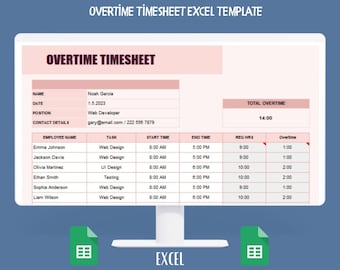 Overtime Timesheet Excel Template For Extra Hour Tracking, Payroll Calculations, Attendance Records, And Employee Time Management