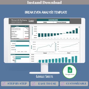Break Even Analysis Google Sheets Template With Revenue, Fixed Costs, Variable Costs, Profit Margins, And Break-Even Chart Visualization