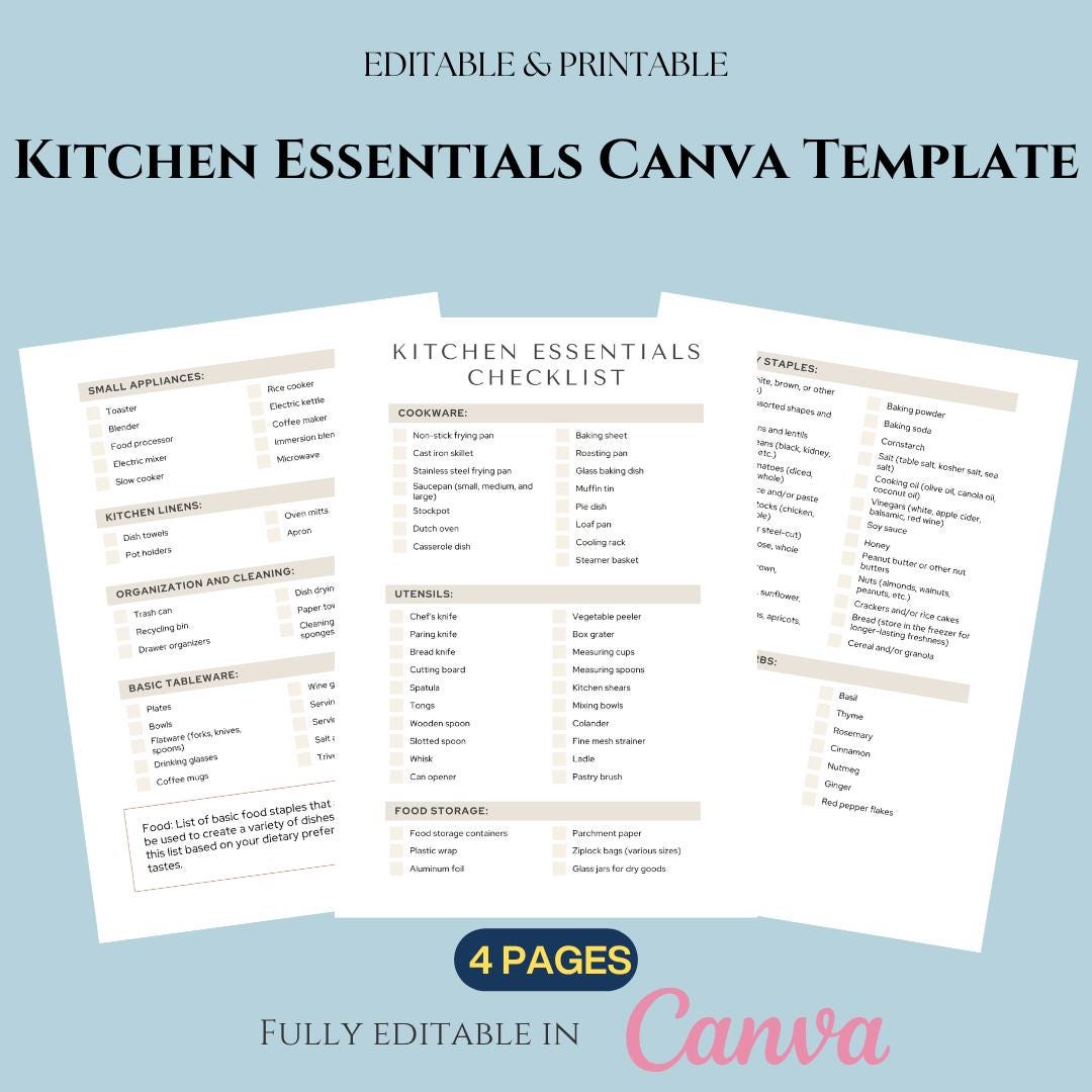 Kitchen Task List Editable Kitchen Essentials Checklist Canva Template, Pantry Inventory Tracker ...