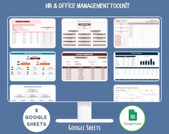 May include: A digital HR & Office Management Toolkit displayed on a computer monitor. The image shows various Google Sheets templates, including timesheets, organizational charts, and application forms. Text includes "Instant Download," "Step by Step," and "Easy to Use."