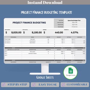 Budgetteringssjabloon projectfinanciering Google Spreadsheets, bewerkbare kostenramer, onkostenprognoseplanner, blad Taakbudgettracker