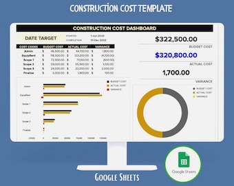 Calculadora de costos de construcción en Google Sheets, Estimador de costos de proyectos, Rastreador de presupuesto, Plantilla de análisis de gastos, Panel de control