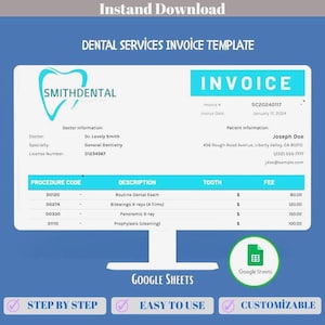 Dental Services Invoice Template Google Sheets, Editable Patient Billing Sheet, Dental Clinic Receipt, Treatment Cost Tracker Log