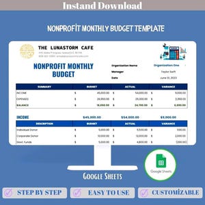 Nonprofit Monthly Budget Google Sheets Charity Expense Planner Donation Income Tracking Financial Management Template
