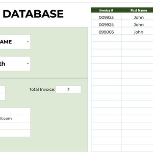 Peut inclure: Un formulaire de base de données client avec une barre de recherche, des champs pour saisir les informations client et un tableau répertoriant les factures client. Le formulaire a un fond vert et le tableau a un fond blanc.