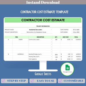 Plantilla de estimación de costos de contratista para Hojas de cálculo de Google, Hoja de licitación de construcción editable, Calculadora de precios de trabajo, Registro de costos de mano de obra y materiales