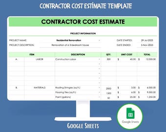 Contractor Cost Estimate Template Google Sheets,Editable Construction Bid Sheet,Job Pricing Calculator,Labor Material Cost Log